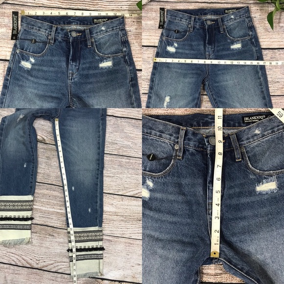 BlankNYC Embroidered High Rise Tapered Distressed Ankle Jeans Blue Denim Sz 24 - Picture 16 of 16